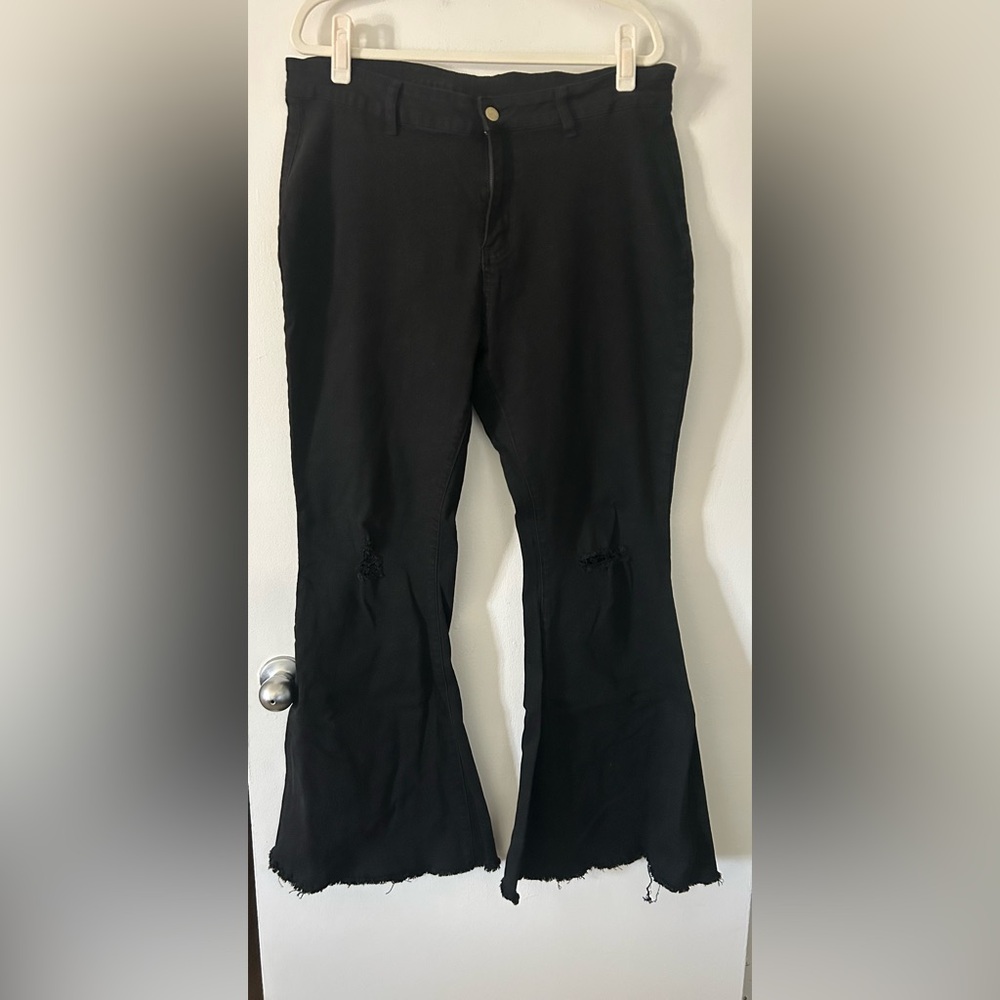 Black Bell Bottom High Waisted Stretch Distressed Flare Jeans Raw Hem